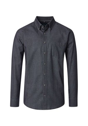 Long-sleeve button-up shirt in dark navy with a small geometric pattern. Features a pocket, button collar, and textured fabric.