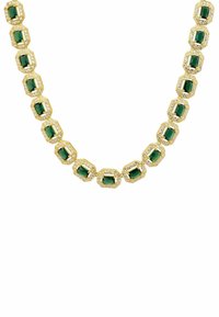 Gold necklace featuring octagonal green stones surrounded by clear accents, alternating in a symmetrical design.