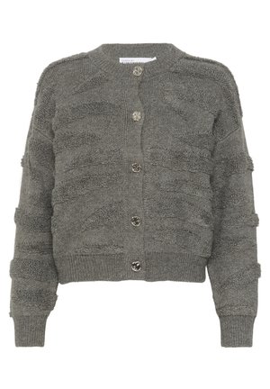 Cardigan gri texturat, cu guler rotund, închidere cu cinci butoane și modele de dungi pufoase variate pe corp și pe mâneci.