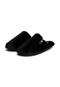 Zapatillas negras de material aterciopelado, con una superficie lisa, diseño de punta redondeada y un acento de hardware dorado. Suela plana para uso en interiores.
