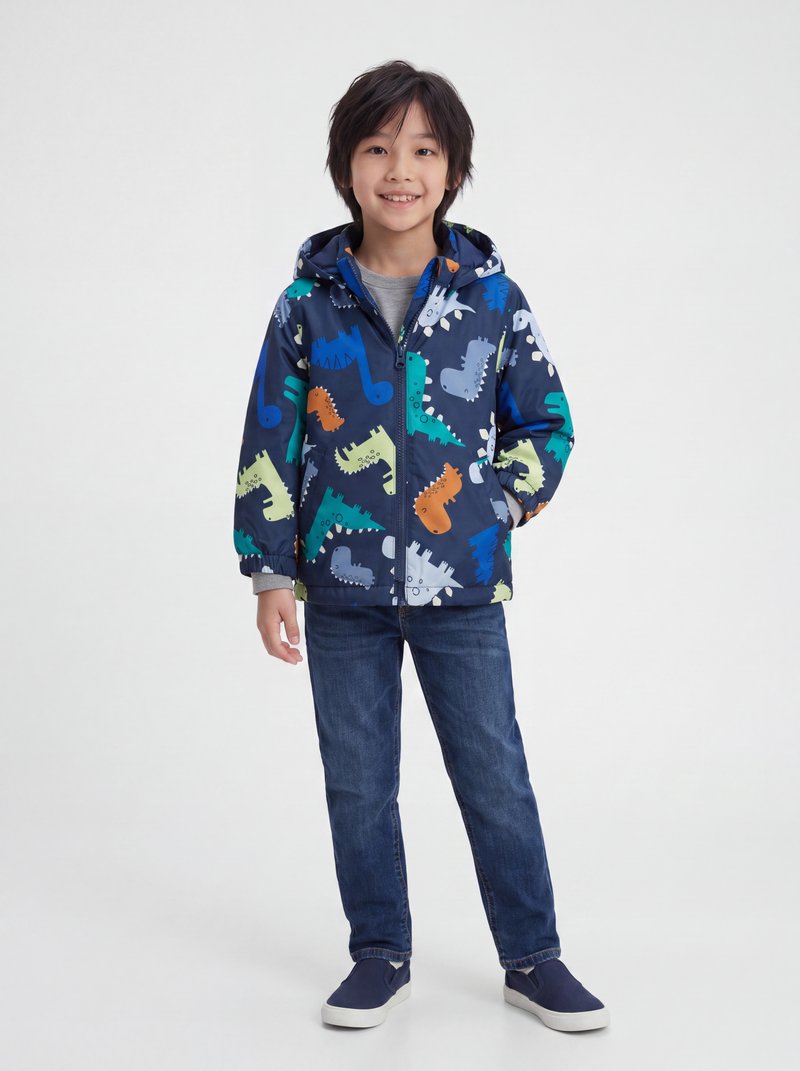 Garçon souriant portant une veste à capuche bleue avec un imprimé dinosaure, un t-shirt gris, un jean bleu et des chaussures slip-on bleu marine, debout avec une main dans la poche.