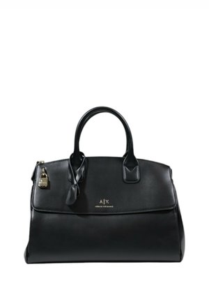 Sort læder Armani Exchange håndtaske med to håndtag, klaplukning, lille dekorativt lås og guldlogo midt foran.