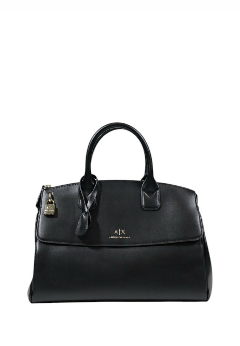 Sac à main en cuir noir Armani Exchange avec deux poignées, fermeture à rabat, petit cadenas décoratif et logo doré au centre avant.