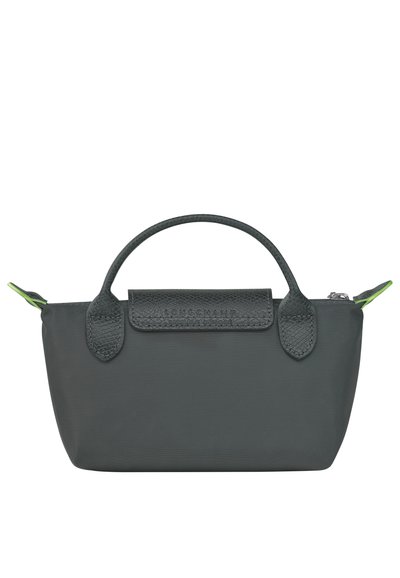 Dark gray nylon tote bag with textured leather accents and a zip closure. Features two sturdy handles and a contrasting green zipper pull.