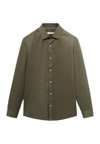 Olijfgroene button-up shirt met een puntkraag, lange mouwen en een rechte zoom. Gemaakt van een gladde stof met een effen textuur.