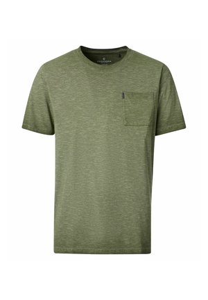 Ensfarvet olivengrøn t-shirt med kortærmer, rund hals og lille brystlomme på venstre side, ingen synlige mønstre.