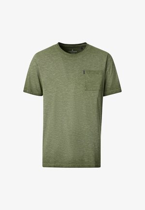 Gładki oliwkowozielony t-shirt z krótkim rękawem, okrągłym dekoltem i małą kieszonką na piersi po lewej stronie, bez widocznych wzorów.