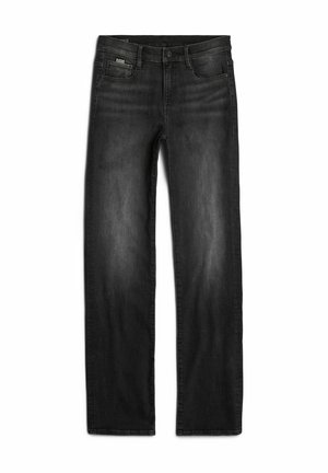 Jeans de ganga pretos com um design de perna reta, apresentando desvios sutis, um fecho de botão e cinco bolsos. O tecido tem uma textura suave.