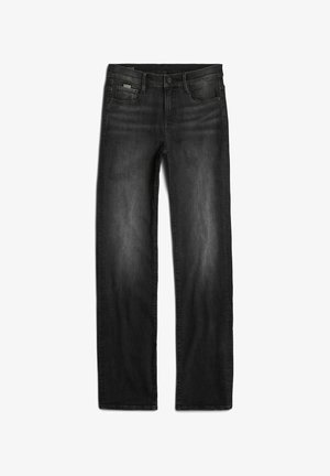 Svarta denimbyxor med rak bendesign, med subtila blekningar, en knappstängning och fem fickor. Tyget har en mjuk textur.