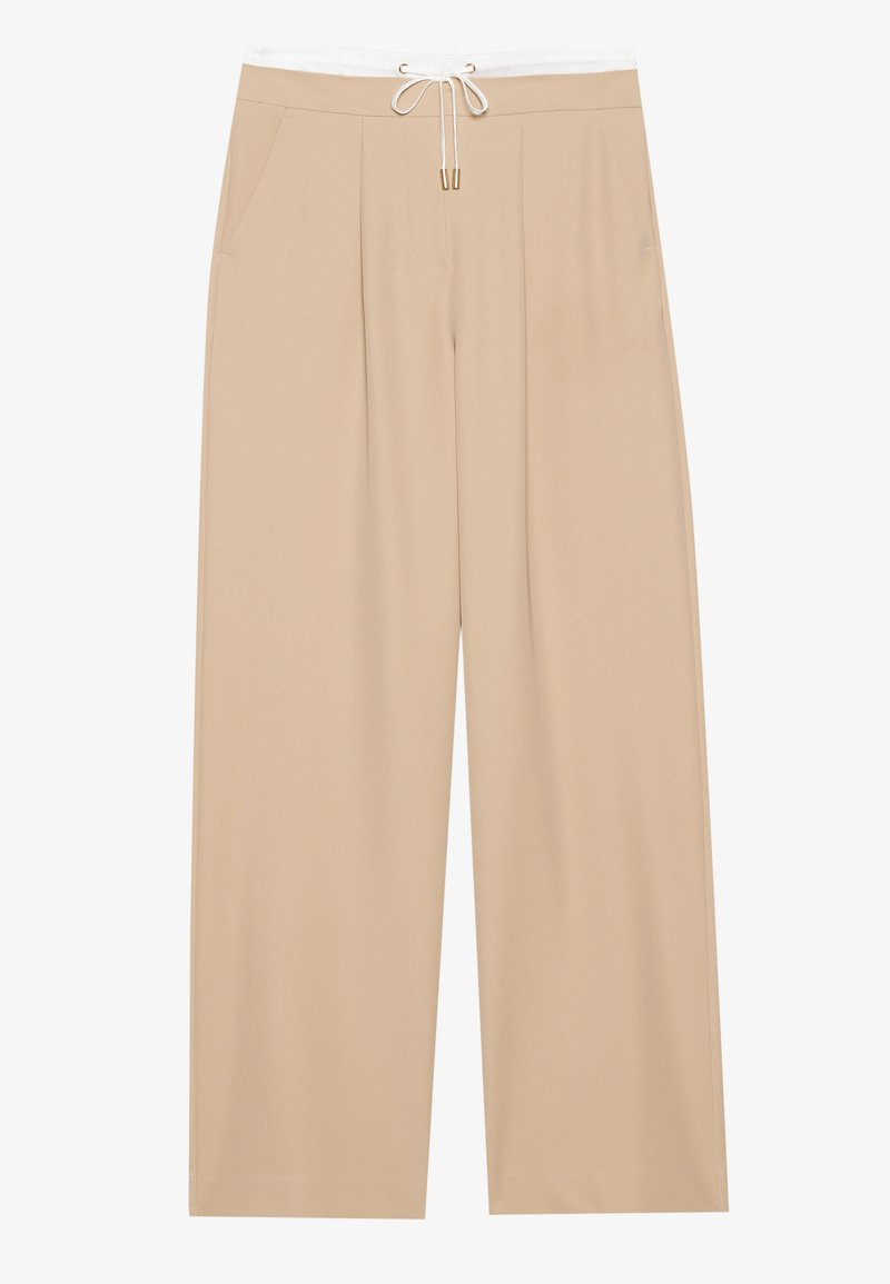 Pantaloni beige a gamba larga con vita in vita regolabile bianca, due tasche laterali e un tessuto leggero e morbido.