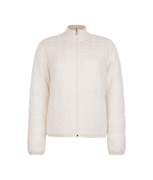 Cremefarbene gesteppte Jacke mit durchgehendem Frontreißverschluss, hohem Kragen, langen Ärmeln und strukturiertem Zopfmuster.