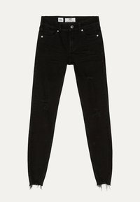 Vaqueros skinny negros de denim, con áreas desgastadas, dobladillos deshilachados y diseño clásico de 5 bolsillos con cierre de botón y cremallera.
