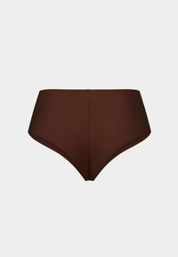 Hoog opgesneden bruine onderbroek met een gladde afwerking en naadloos ontwerp. Kenmerkt een minimalistische esthetiek en zachte, rekbare stof.