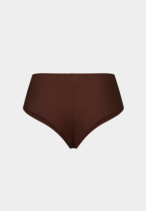 Hoog opgesneden bruine onderbroek met een gladde afwerking en naadloos ontwerp. Kenmerkt een minimalistische esthetiek en zachte, rekbare stof.