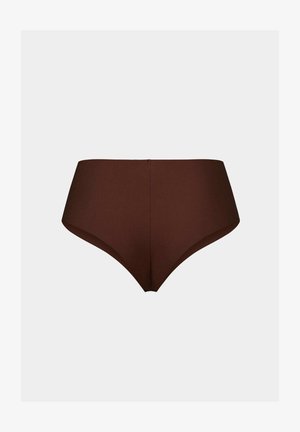Culotte marron taille haute avec une finition lisse et un design sans coutures. Présente une esthétique minimaliste et un tissu doux et extensible.