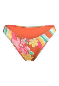 Mutandine bikini multicolori con stampa floreale, fiori rosa e gialli su sfondo arancione, e dettagli a strisce verdi e gialle.