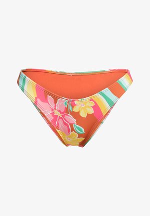 Flerfärgad bikiniunderdel med blommönster i rosa och gula blommor, orange bakgrund och randiga accenter i grönt och gult.