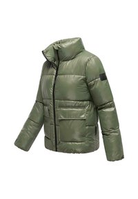 Grøn puffjakke med høj krave, fuld lynlås og to frontlommer. Glat, skinnende materiale med quiltet design.