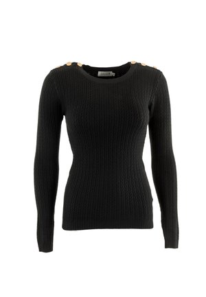 Maglione nero lavorato a maglia con un design testurizzato a coste, dotato di maniche lunghe e quattro bottoni decorativi sulla spalla sinistra.