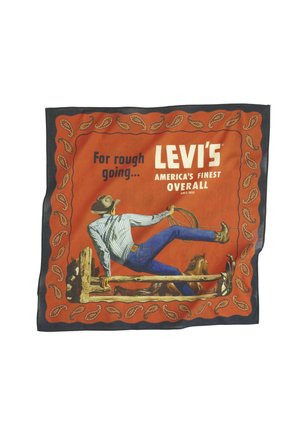 Chusta z kowbojem skaczącym przez płot, pomarańczową bordiurą w stylu paisley i logo Levi's z tekstem "For rough going... Levi's America's Finest Overall."