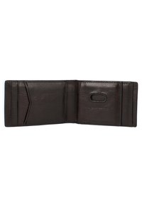 Brown leather wallet with multiple card slots, smooth texture, and a stitched border. Features a circular cutout for easy access.