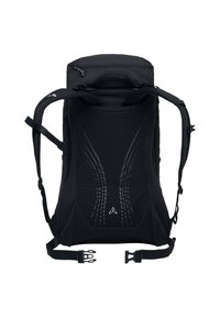 Sac à dos noir avec un dos en mesh rembourré et respirant, des bretelles ajustables, un compartiment supérieur zippé et des accents réfléchissants pour plus de visibilité.