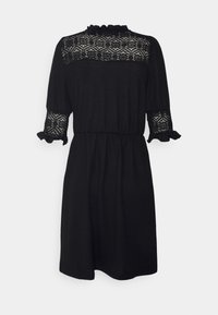 Robe noire mi-longue jusqu'aux genoux avec détails en dentelle sur le haut du dos et les manches jusqu'au milieu, taille élastique et poignets de manche à volants.