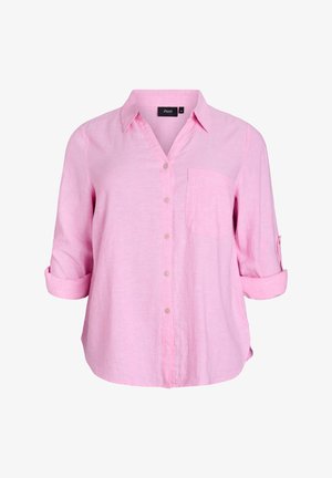 Pink button-up shirt with a V-neck, long sleeves rolled to mid-arm, a chest pocket, and a slightly loose fit, made from lightweight fabric.