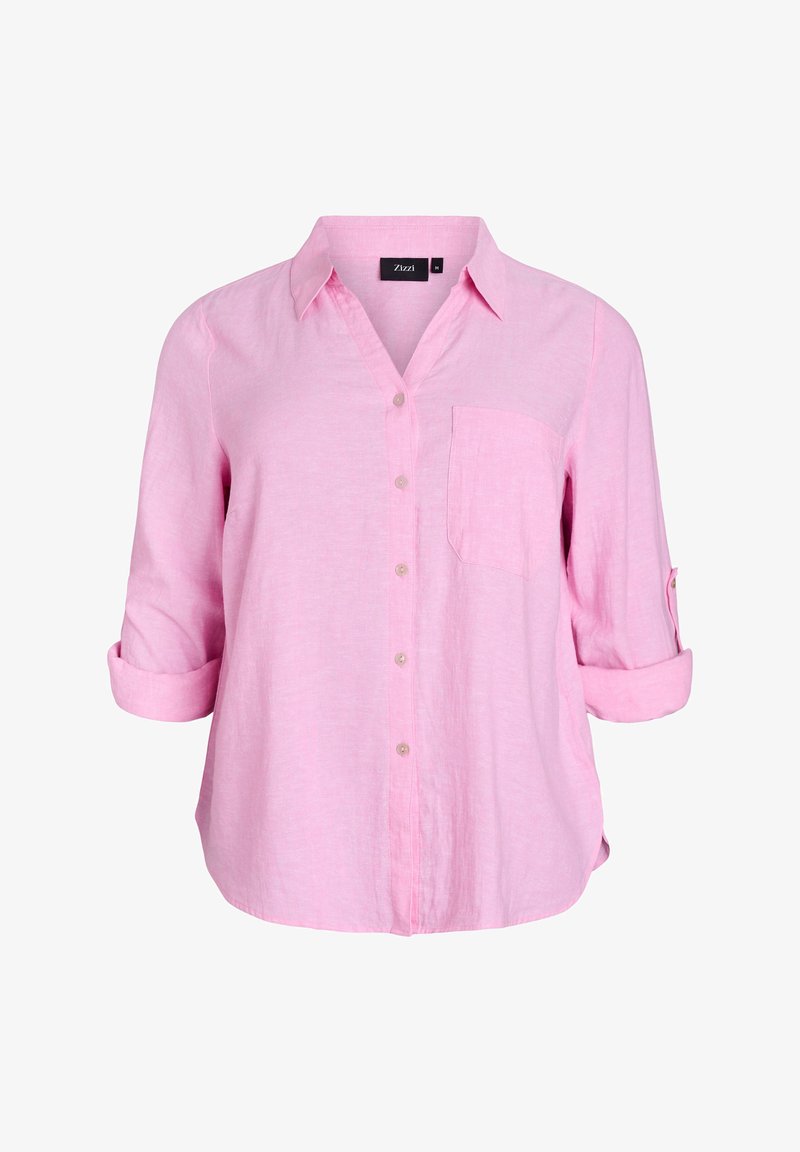 Pink button-up shirt with a V-neck, long sleeves rolled to mid-arm, a chest pocket, and a slightly loose fit, made from lightweight fabric.