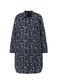 Chemise habillée à manches longues foncée avec des dessins linéaires abstraits de visage et d'étoile en rose, blanc et vert, boutonnée sur le devant.