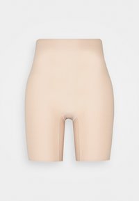 Beige shapewear shorts met een hoge taille, een gladde textuur en een centrale opening bij het kruis voor gemak.