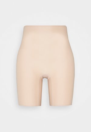 Beige shapewear shorts featuring a high waist, smooth texture, and a central opening at the crotch for convenience.