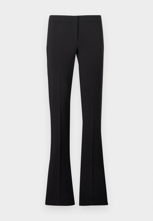 Sorte viddebukser med en glat tekstur, der har en tætsiddende linning og ingen synlige lommer eller pynt.