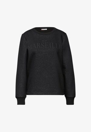Czarna bluza z okrągłym dekoltem, o błyszczącej fakturze, z napisem "MARSEILLE" drukowanym dużymi literami na przodzie.