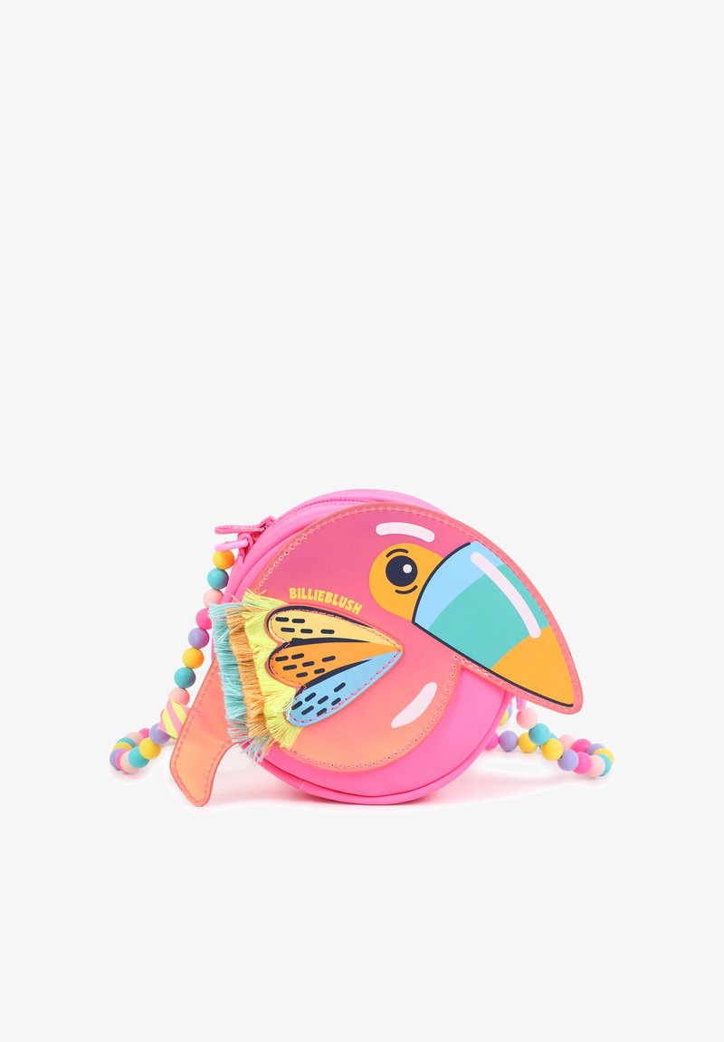 Ροζ στρογγυλή τσάντα με σχέδιο πουλιού, πολύχρωμα διακοσμητικά, υφασμάτινα γαζιά σε σχήμα φτερού και strap από χάντρες με παστέλ αποχρώσεις. Ορατή ετικέτα μάρκας.