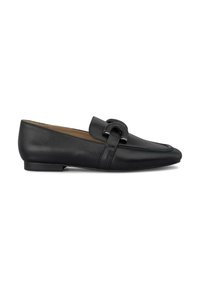 Zwarte leren loafers met een gladde textuur, puntige neus en decoratieve metalen hardwareaccenten. Lage hak voor extra comfort.