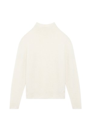 Crème-kleurige lange mouwen trui met een hoge ribbelnek en ribbelmanchetten en -zoom, plat weergegeven op een witte achtergrond.