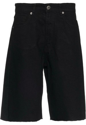 Black denim shorts featuring a classic cut, frayed hem, five-pocket design, and metal hardware at the waist and pockets.