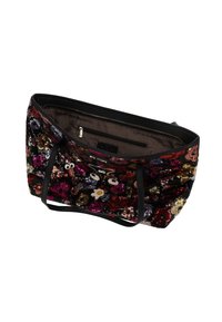 Borsa shopper nera ricoperta di paillettes colorate e decorazioni stravaganti. Presenta una chiusura con cerniera e tasche interne foderate in tessuto.