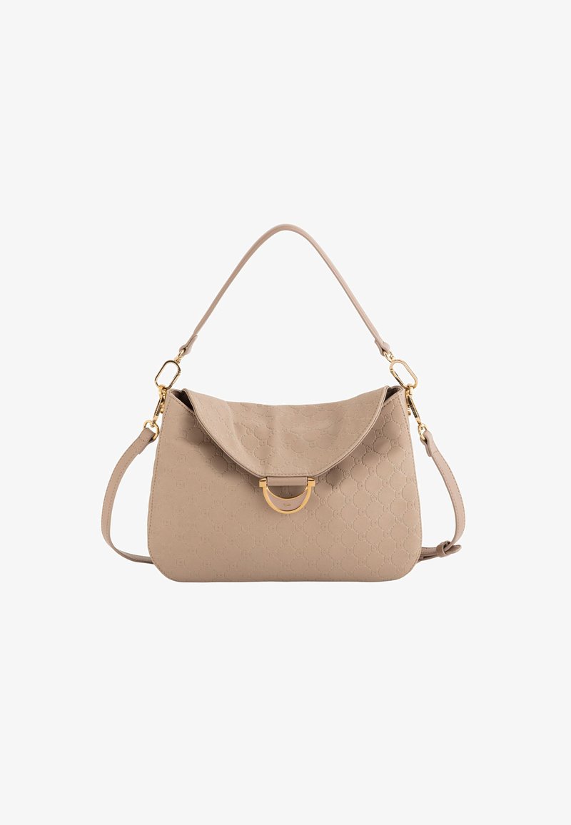 Beige Lederhandtasche mit einem strukturierten Muster, einem Klappenverschluss und goldfarbenen Hardware-Elementen. Verfügt über einen kurzen Griff und einen abnehmbaren Schultergurt.