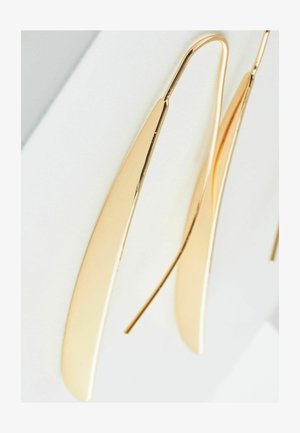 Naušnice u zlatnoj boji s elegantnim, izduženim dizajnom, glatkim, reflektivnim površinama i tankim kopčama. Minimalistički i moderan stil.