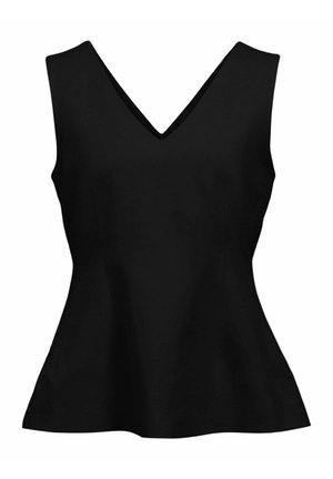 Czarny damski top bez rękawów z dekoltem w serek i rozszerzaną talią, dopasowany fason, gładka tkanina, prezentowany na białym tle.