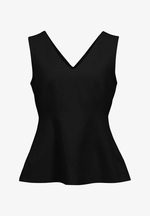 Czarny damski top bez rękawów z dekoltem w serek i rozszerzaną talią, dopasowany fason, gładka tkanina, prezentowany na białym tle.