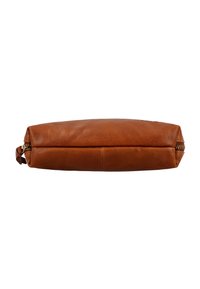 Brown leather pouch with gold zipper, viewed from the side laying flat on a white background.