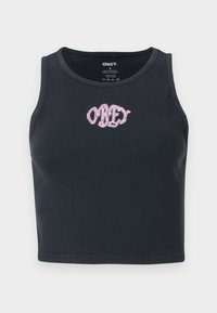 Black ribbed crop tank top made of cotton with a round neckline and a pink embroidered "OBEY" logo across the chest.