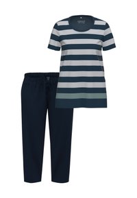 Naisten tummansininen ja valkoinen vaakasuoraraidallinen lyhythihainen paita, joka on yhdistetty tummansinisistä naruhelmahousuista koostuvaan yöpuvun settiin.