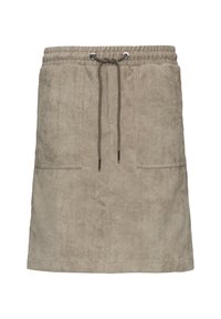 Beige corduroy rok met een elastische tailleband, trekkoord en twee voorkanten zakken, met een zachte textuur en een rechte silhouet.