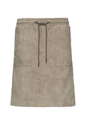 Beige Cordrock-Rock mit einem elastischen Taillenbund, Kordelzug und zwei Fronttaschen, mit weicher Textur und geradem Schnitt.