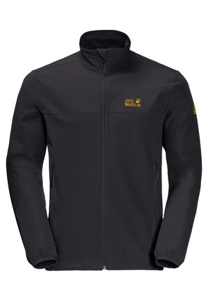 Czarna kurtka outdoor zapinana na zamek z wysokim kołnierzem, elastycznymi mankietami, dwoma bocznymi kieszeniami oraz żółtym logo „Jack Wolfskin” na piersi i lewym rękawie.