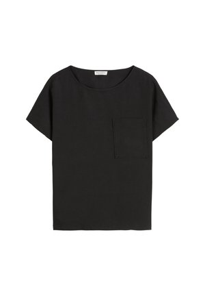 Schwarzes kurzärmeliges T-Shirt aus weichem Stoff, mit Rundhalsausschnitt und einer Brusttasche auf der linken Seite. Einfaches, unauffälliges Design.